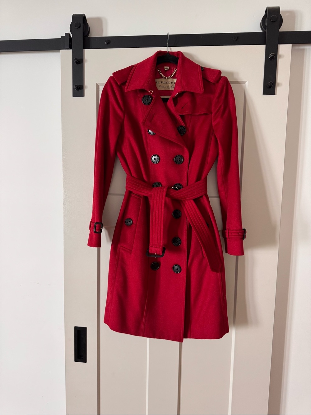 Burberry Sandringham Red Cashmere Belted Trench Coat Size 4